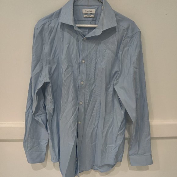 DEFECT Calvin Klein Men SlimFit Performance 15.5 32/33 Striped Blue $75 A382 - Picture 1 of 3